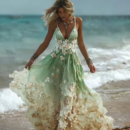 Bohemian Style Plant Flower Gradient Color Long Dress