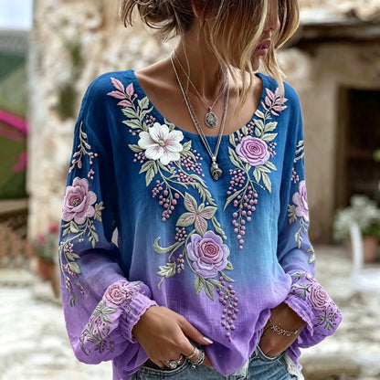 Women's Retro Floral Gradient Art Round Neck Long Sleeve T-shirt