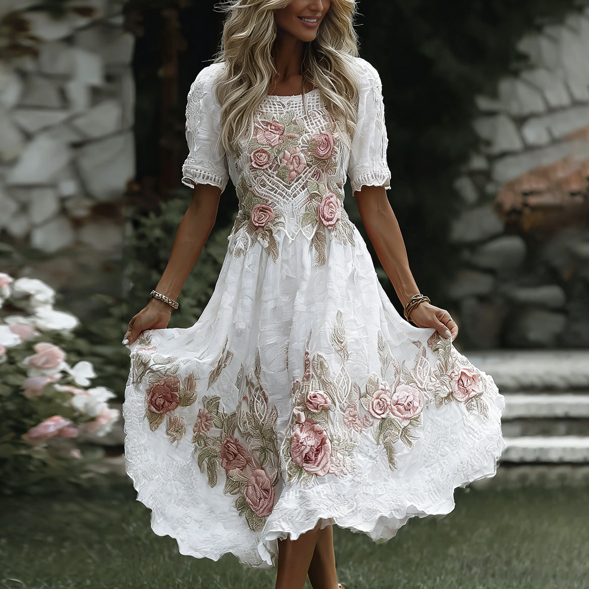 Women's Floral Art Print Flowy Linen Blend Casual Short Sleeve Maxi Dress