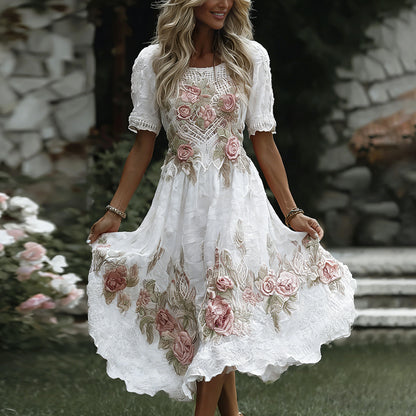 Women's Floral Art Print Flowy Linen Blend Casual Short Sleeve Maxi Dress