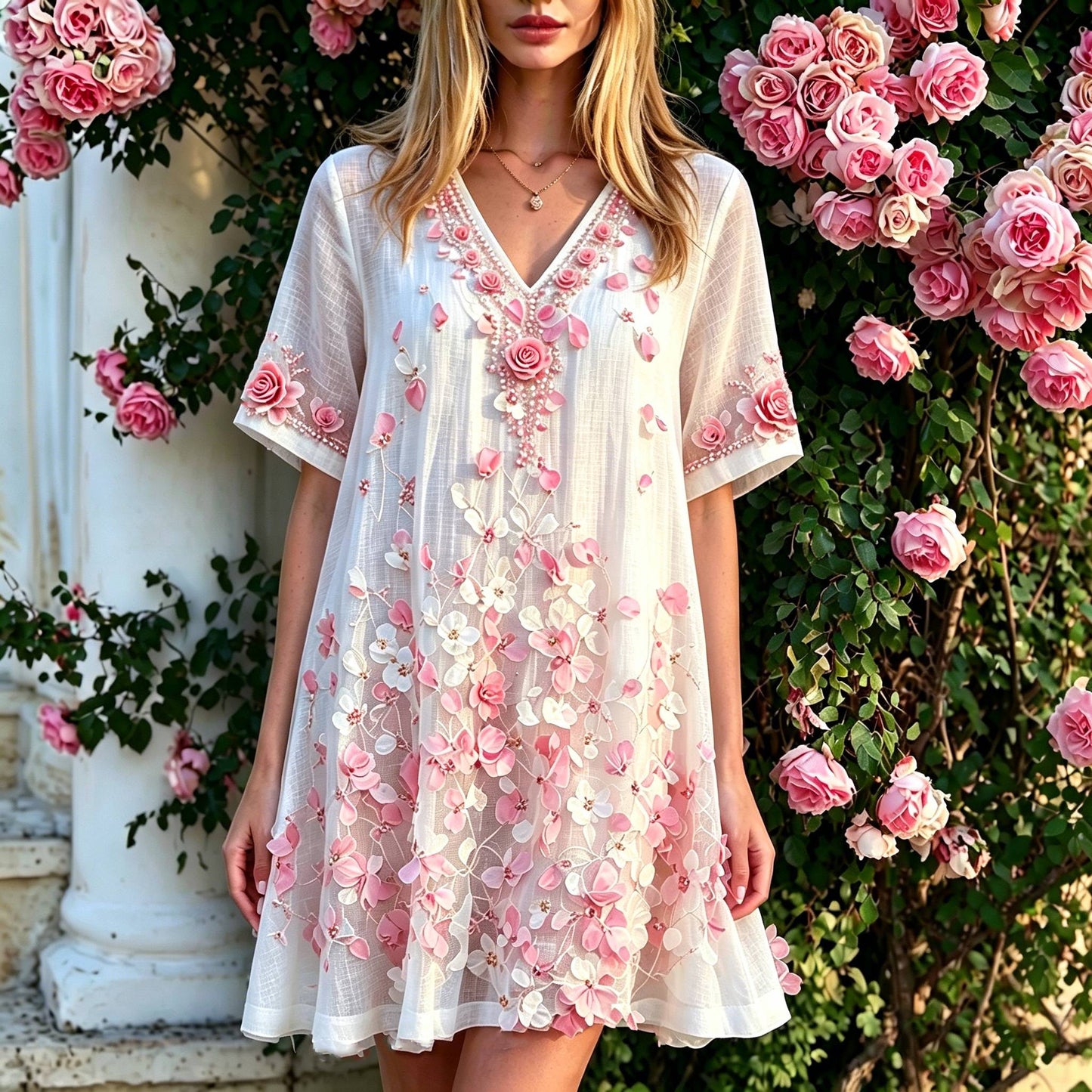 Women's Pink Rose Floral Print V-neck Dress