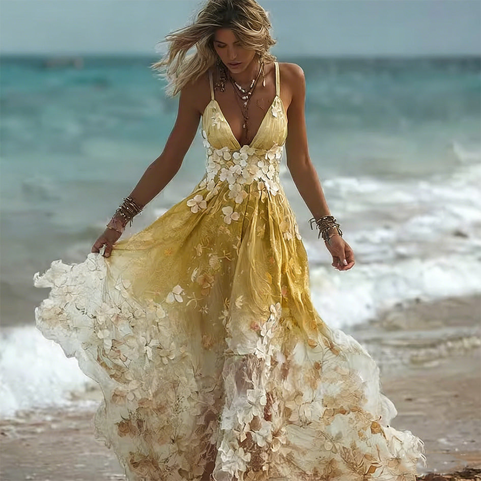 Bohemian Style Plant Flower Gradient Color Long Dress