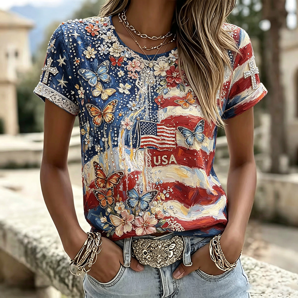 Women's Vintage Independence Day Anniversary Flag And Butterfly Art Casual T-shirt