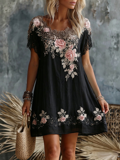 Women's Retro Rose Floral Embroidery Pattern Short Sleeve Linen Dress