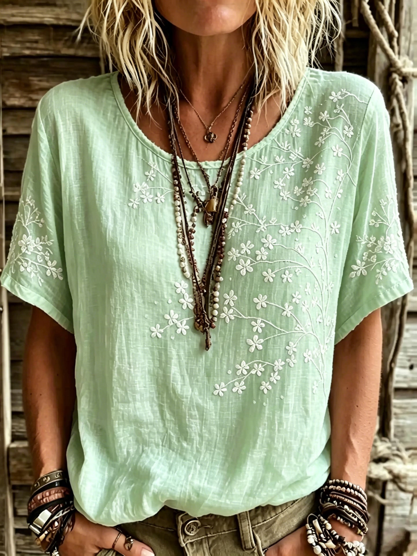 Women's Vintage Floral Art Linen Blend T-shirt