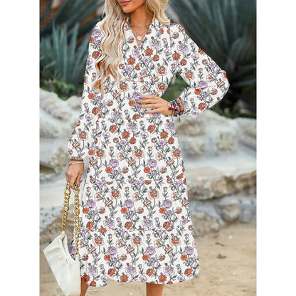 💝💝Dokotoo Women's Casual Bohemian Floral Dress 2026 V-Neck Long Puff Sleeve Midi Dress Soft Fabric Comfortable Summer Dress - Womenswear