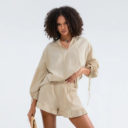 💝💝Women's Summer 2 Piece Outfits Solid Color Long Sleeve Tie-Up V-Neck Tops Elastic Waist Shorts Set