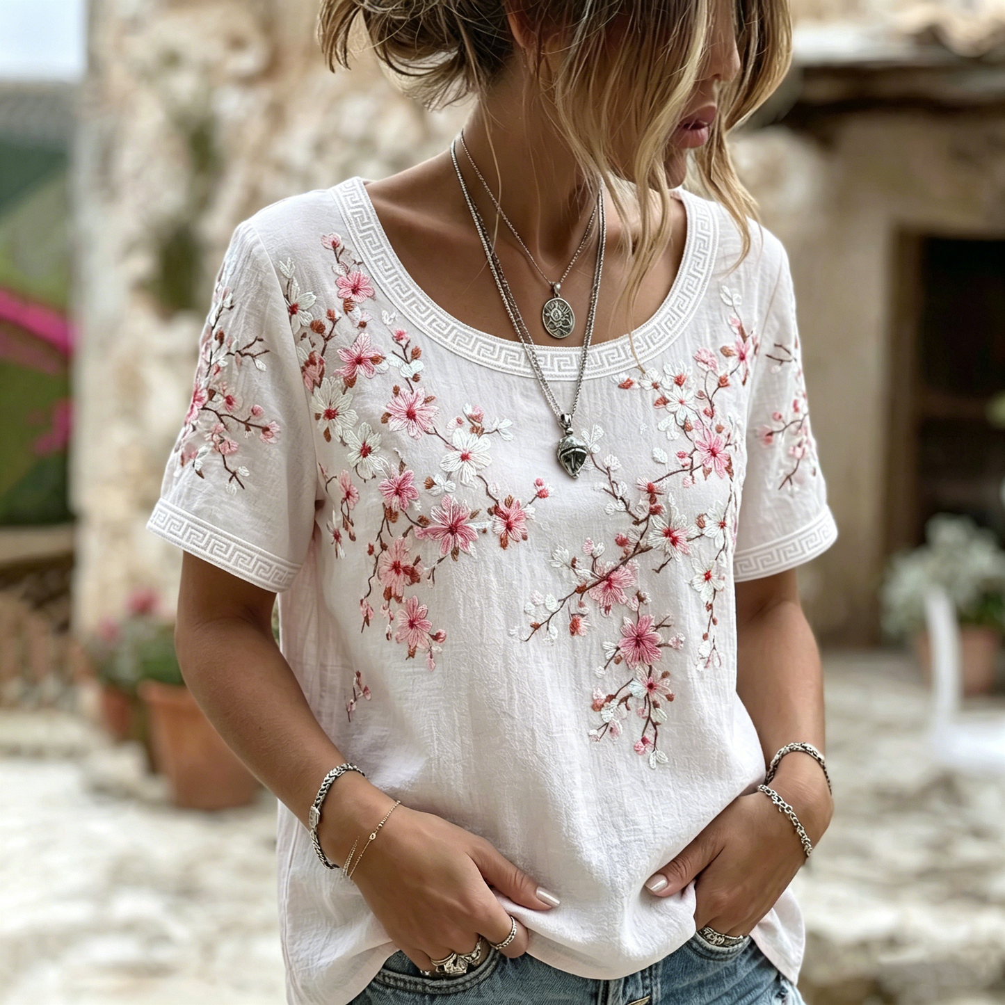 Women's Vintage  Japanese Cherry Blossom Art Round Neck Short Sleeve T-shirt