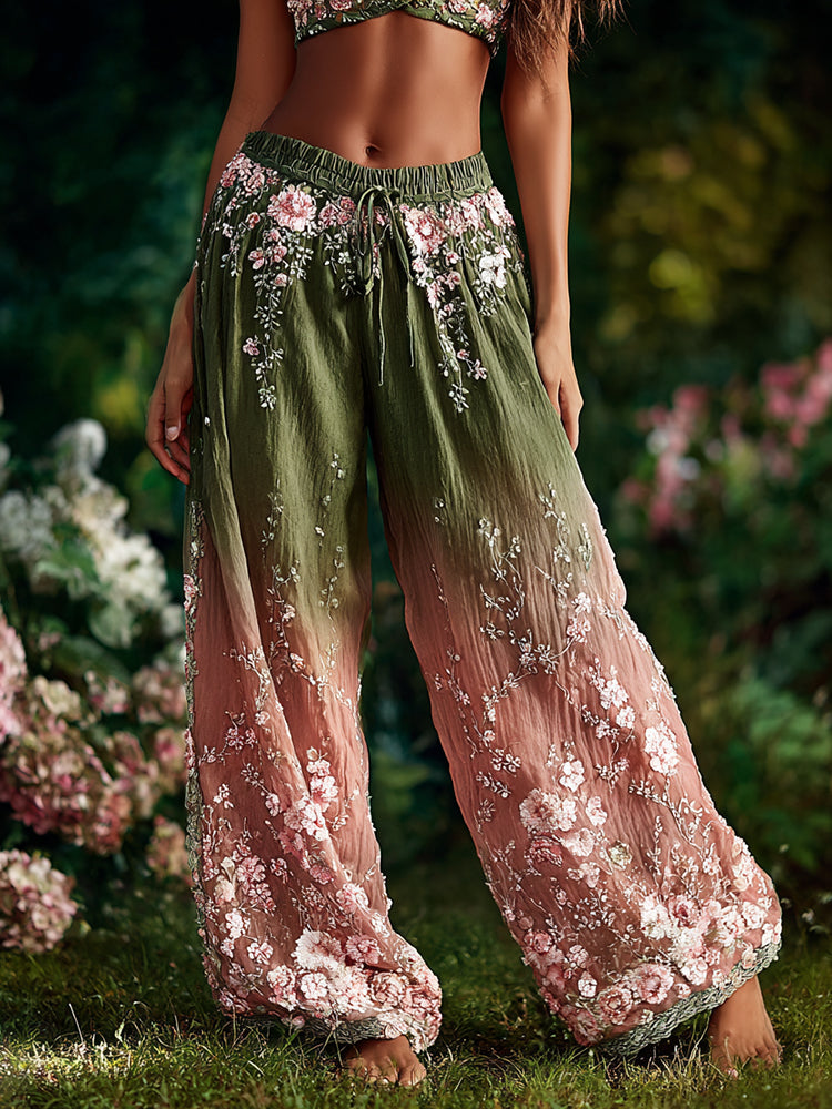 Women's Boho Floral Vine Ombre Cotton Lace Up Casual Pants