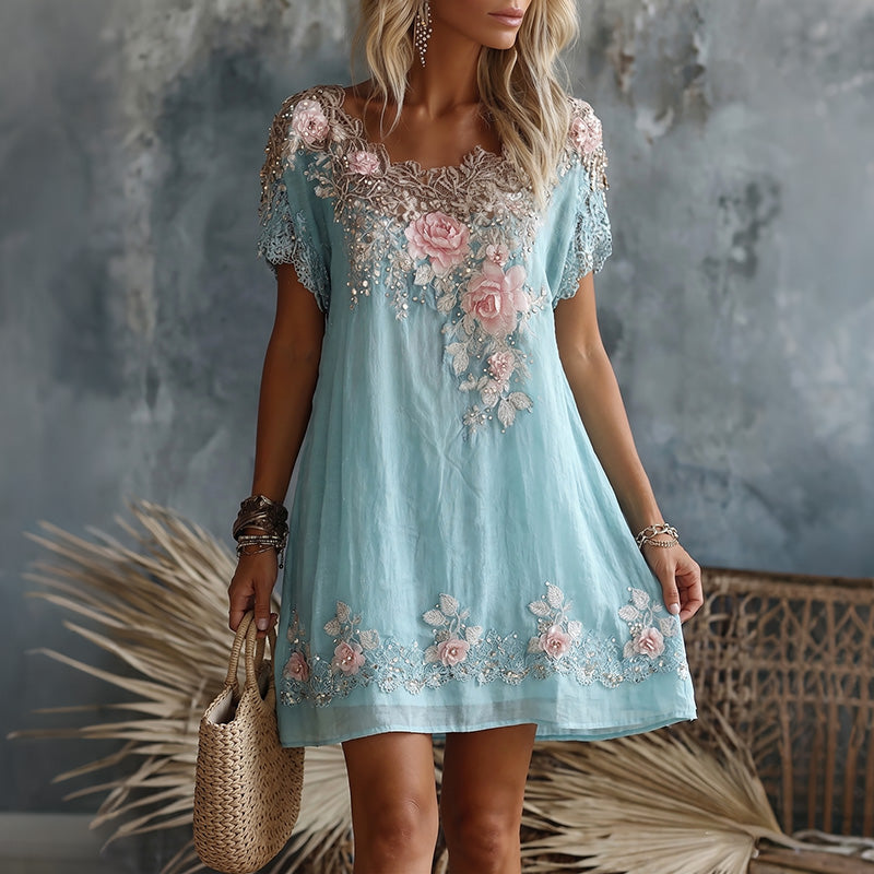 Women's Retro Rose Floral Embroidery Pattern Short Sleeve Linen Dress