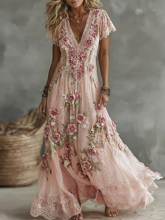 Women's Vintage Pink Floral Art Embroidered Flowy Maxi Dress