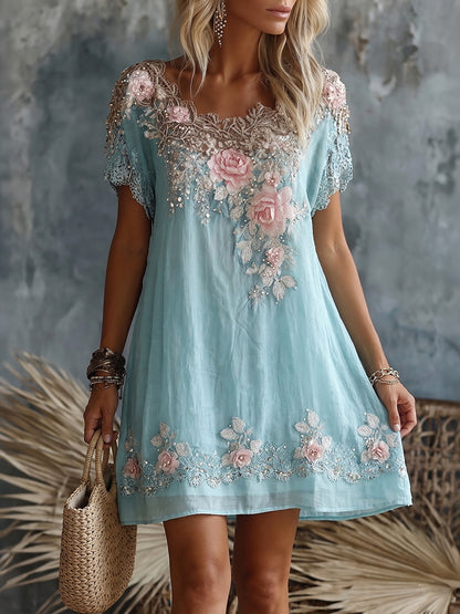 Women's Retro Rose Floral Embroidery Pattern Short Sleeve Linen Dress