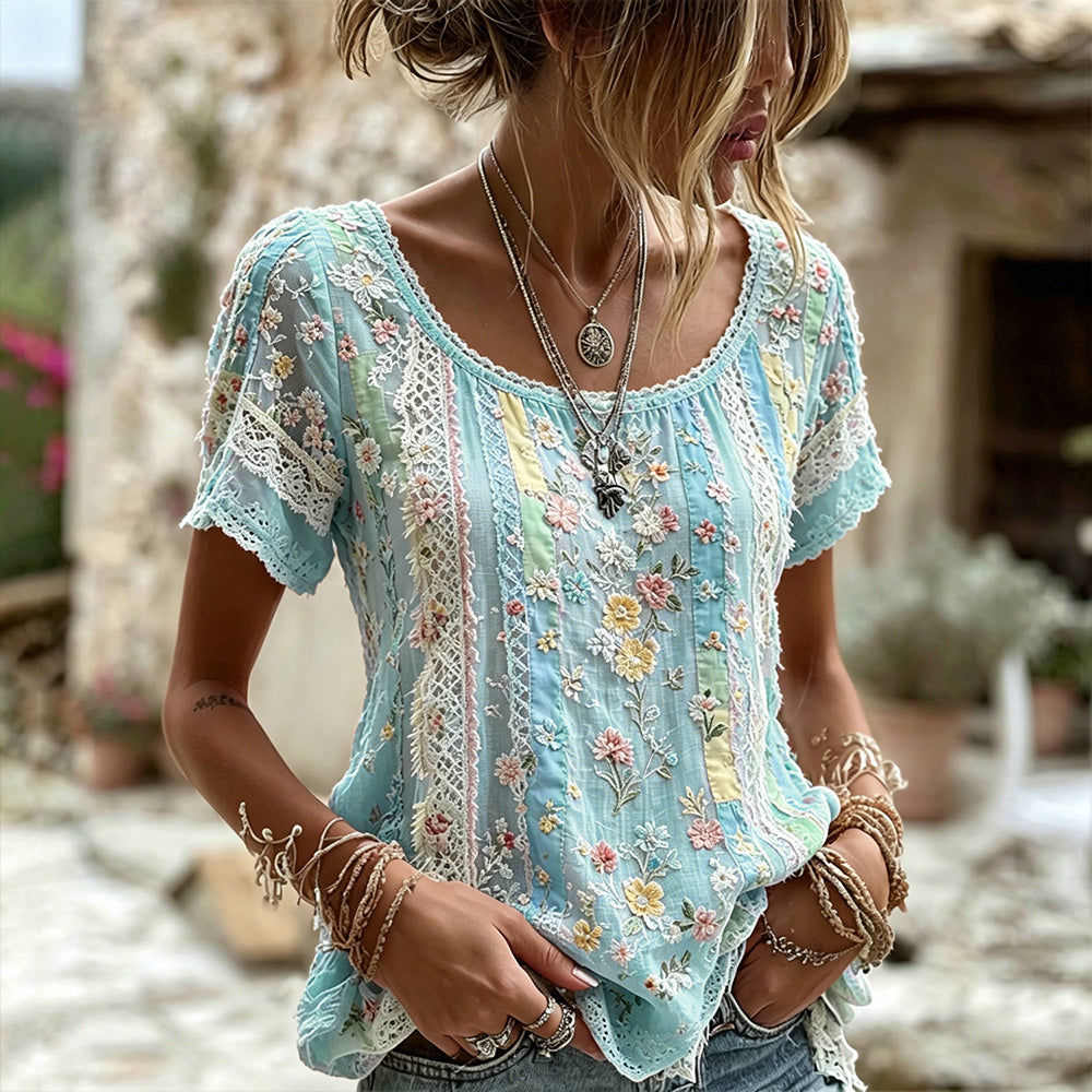Women's Handmade Floral Embroidery And Lace Art Splicing Lightweight Cotton Linen Round Neck Short Sleeve Top