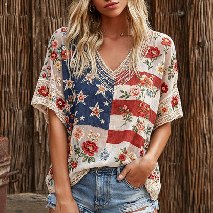 Retro Flag And Rose Embroidery Art V-neck Short Sleeve Top