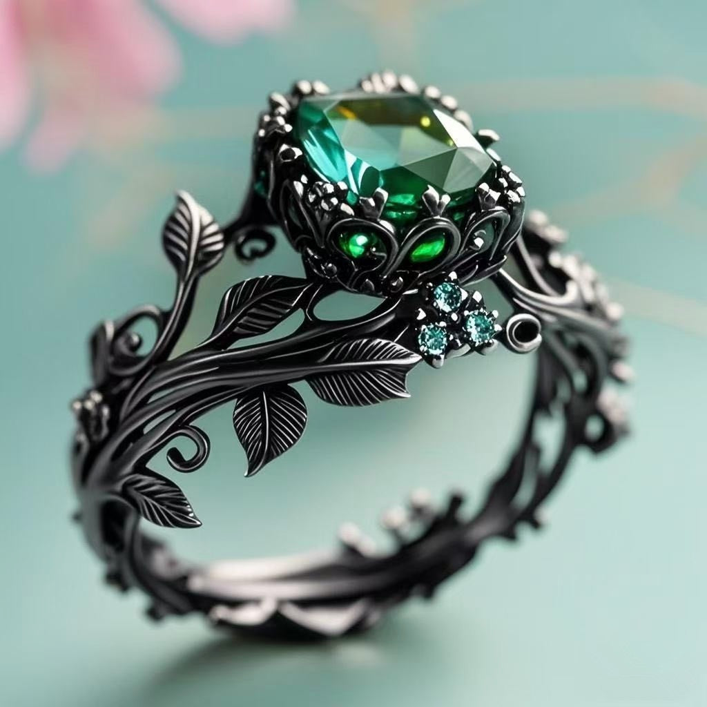 Women's Vintage Green Crystal Vine Ring