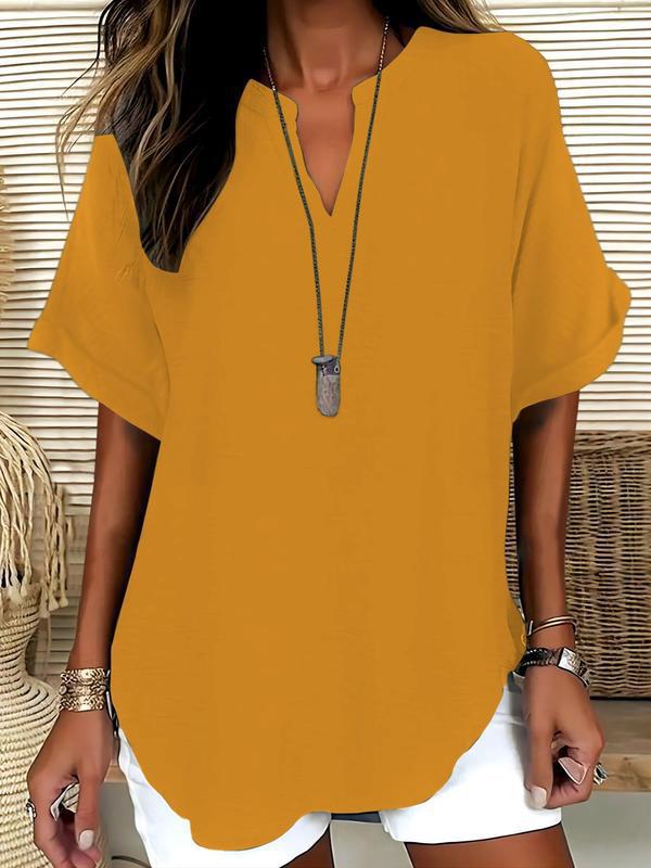 📦📦Women's Plain Short Sleeve Blouse, Casual Solid Color Top for Daily Wear, Ladies Clothes for All Seasons