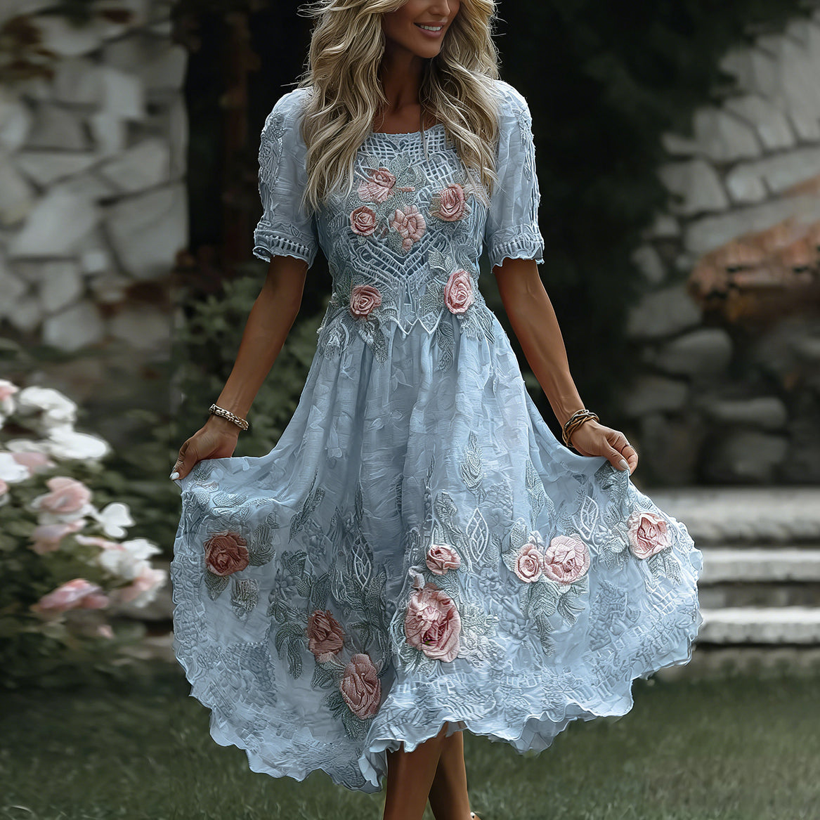 Women's Floral Art Print Flowy Linen Blend Casual Short Sleeve Maxi Dress