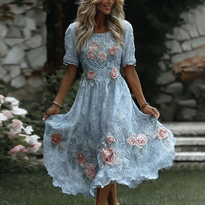 Women's Floral Art Print Flowy Linen Blend Casual Short Sleeve Maxi Dress
