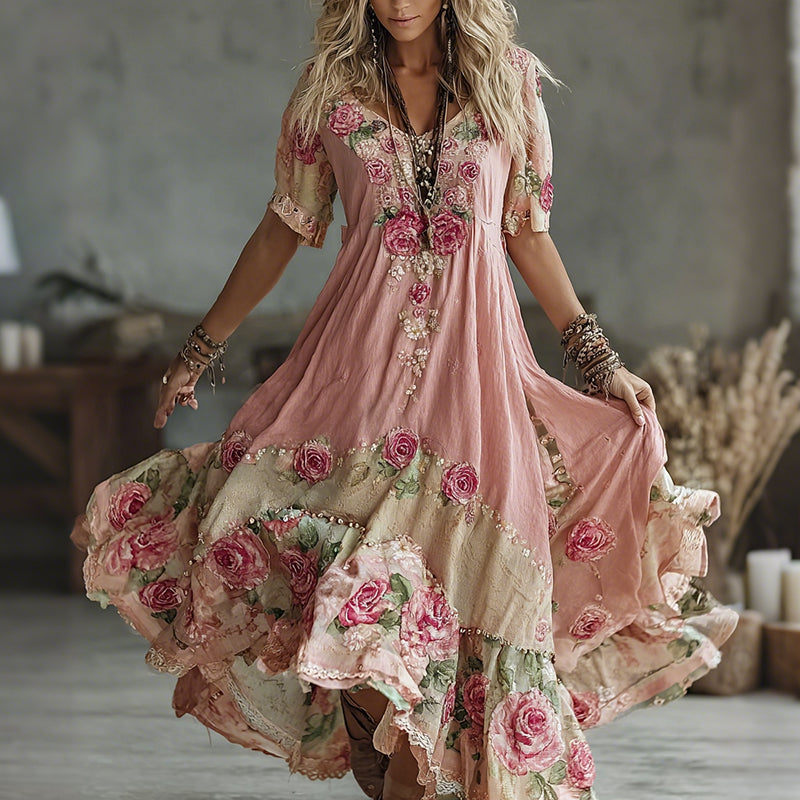 Women's Floral Roses Art Print Flowy Linen Blend Casual Short Sleeve Maxi Dress