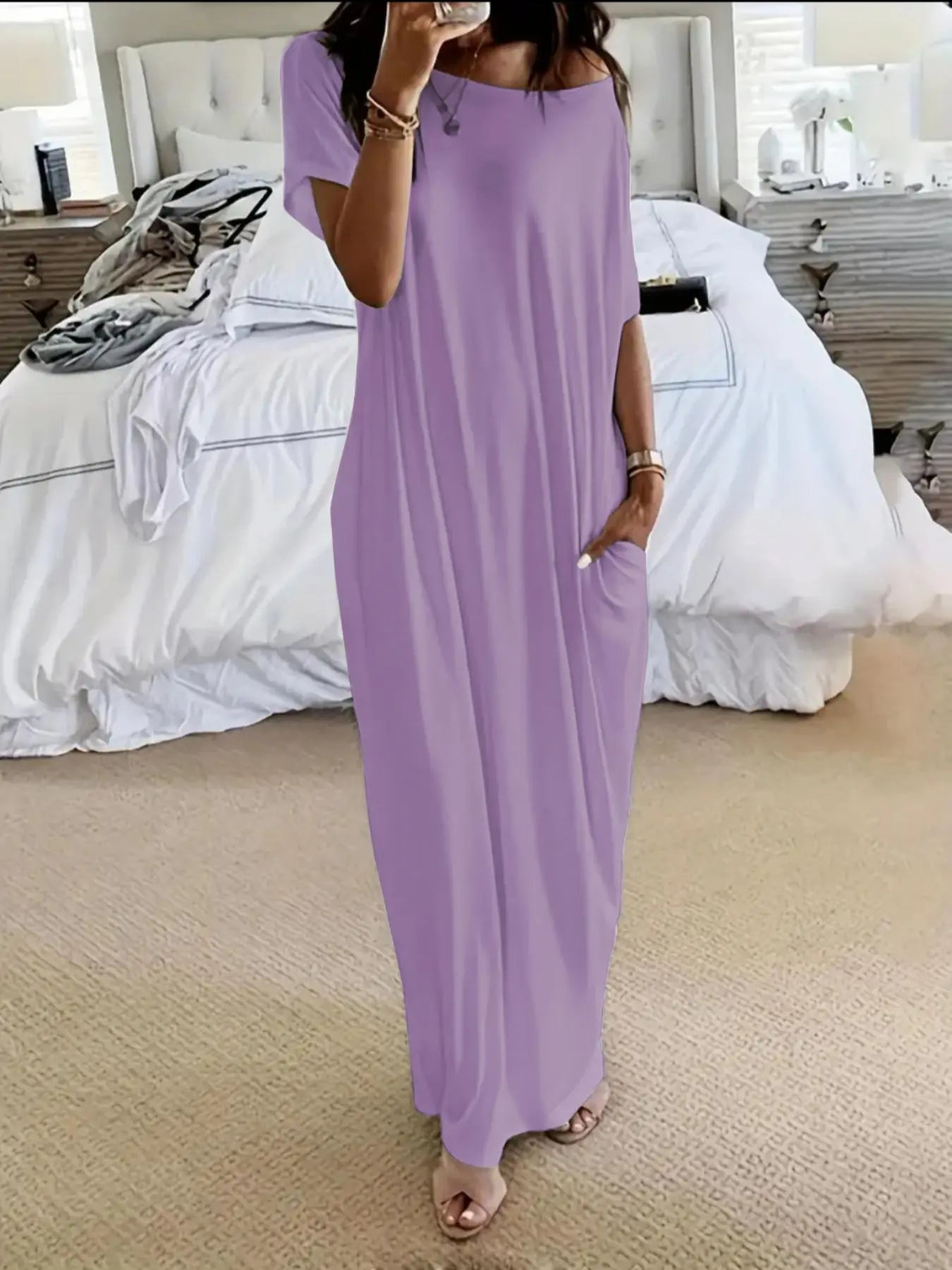 Women's Solid Color Batwing Sleeve Lounge Dress, Casual Comfy Short Sleeve Nightdress for Daily Wear, Ladies Sleepwear for All Seasons
