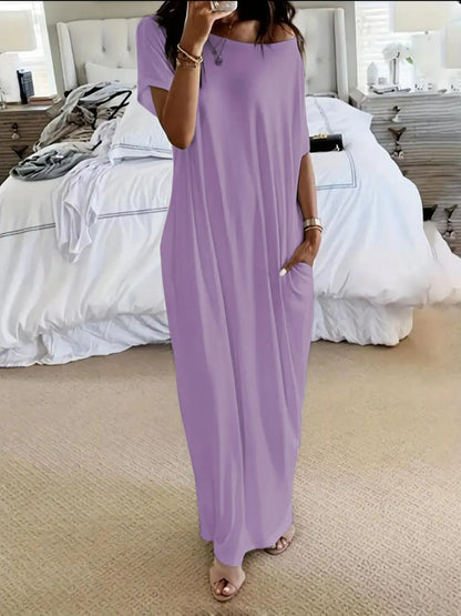 Women's Solid Color Batwing Sleeve Lounge Dress, Casual Comfy Short Sleeve Nightdress for Daily Wear, Ladies Sleepwear for All Seasons