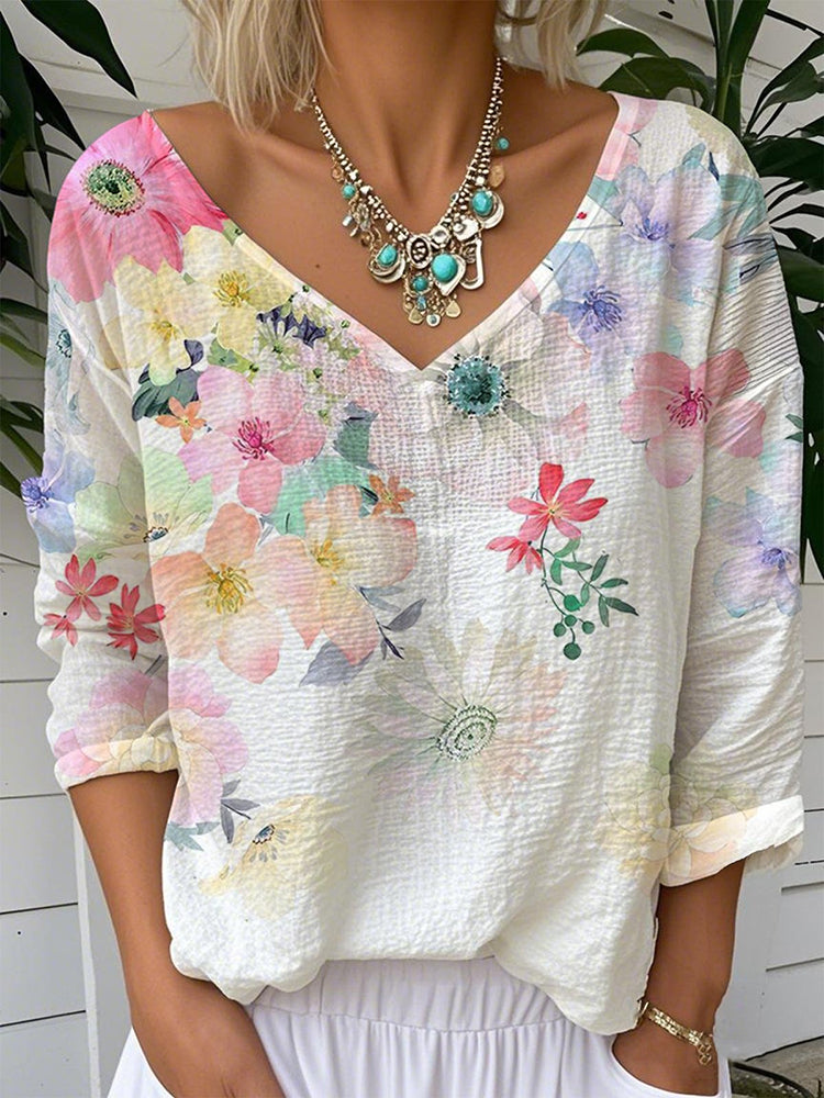 Flower Print V-neck Linen Blend T-shirt