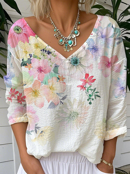 Flower Print V-neck Linen Blend T-shirt