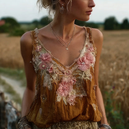 Bohemian Retro Pink Floral Pattern Women's Sleeveless Thin Shoulder Strap Vest