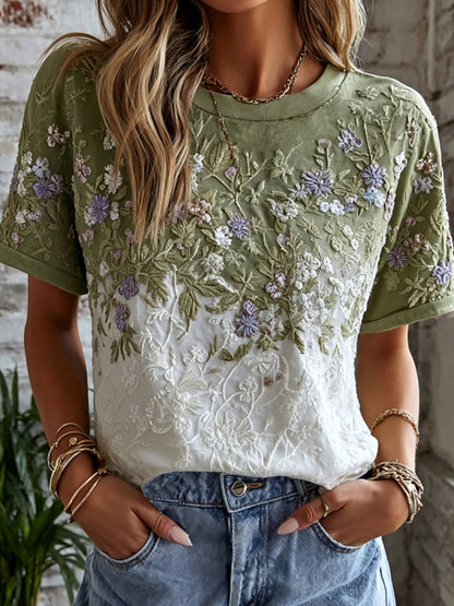 Women's Retro Floral Art Embroidery Color Block Cotton Linen Casual T-shirt