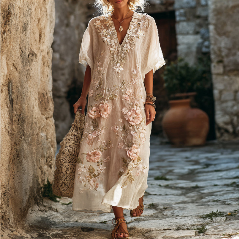 Women's Floral Embroidery Art Blended Washed Cotton Linen Flowy V-neck Dress