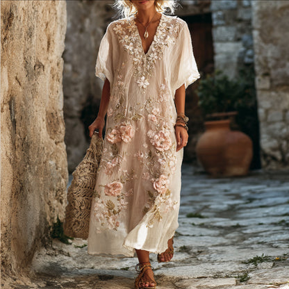 Women's Floral Embroidery Art Blended Washed Cotton Linen Flowy V-neck Dress