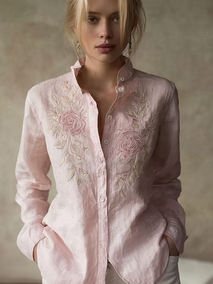 Light Pink Rose Embroidery Pattern Women's Casual Linen Long-sleeve Shirt