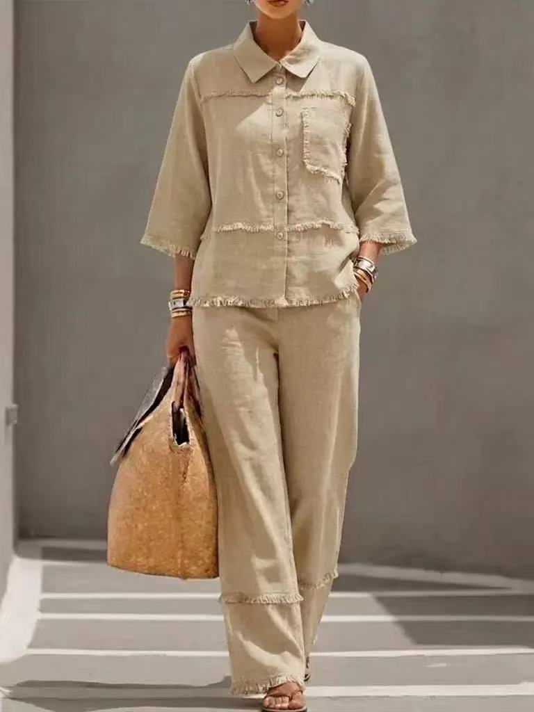 🎁New Arrivals🔥Casual Frayed-hem Linen And Cotton Shirt And Pants Two-piece Set