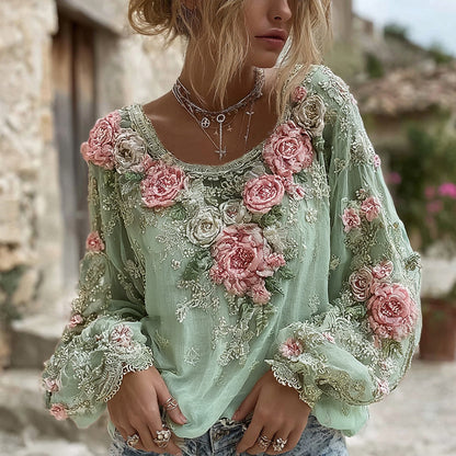 Women's Pink Rose Embroidery Art Round Neck Long Sleeve Linen Blend T-shirt