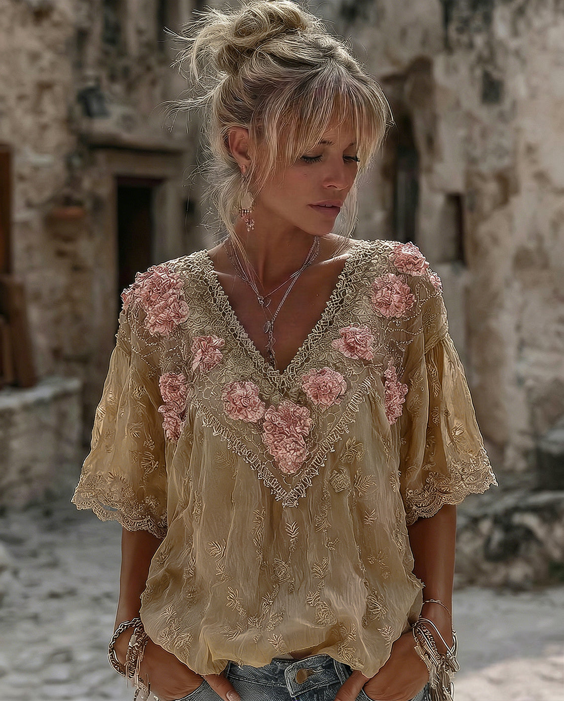 Women's Vintage Spring Floral Embroidered Art Print Flowy Linen Blend Short Sleeve Casual Tops