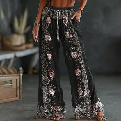 Women's Vintage Spring Floral Embroidered Art Print Flowy Linen Blend Casual Pants