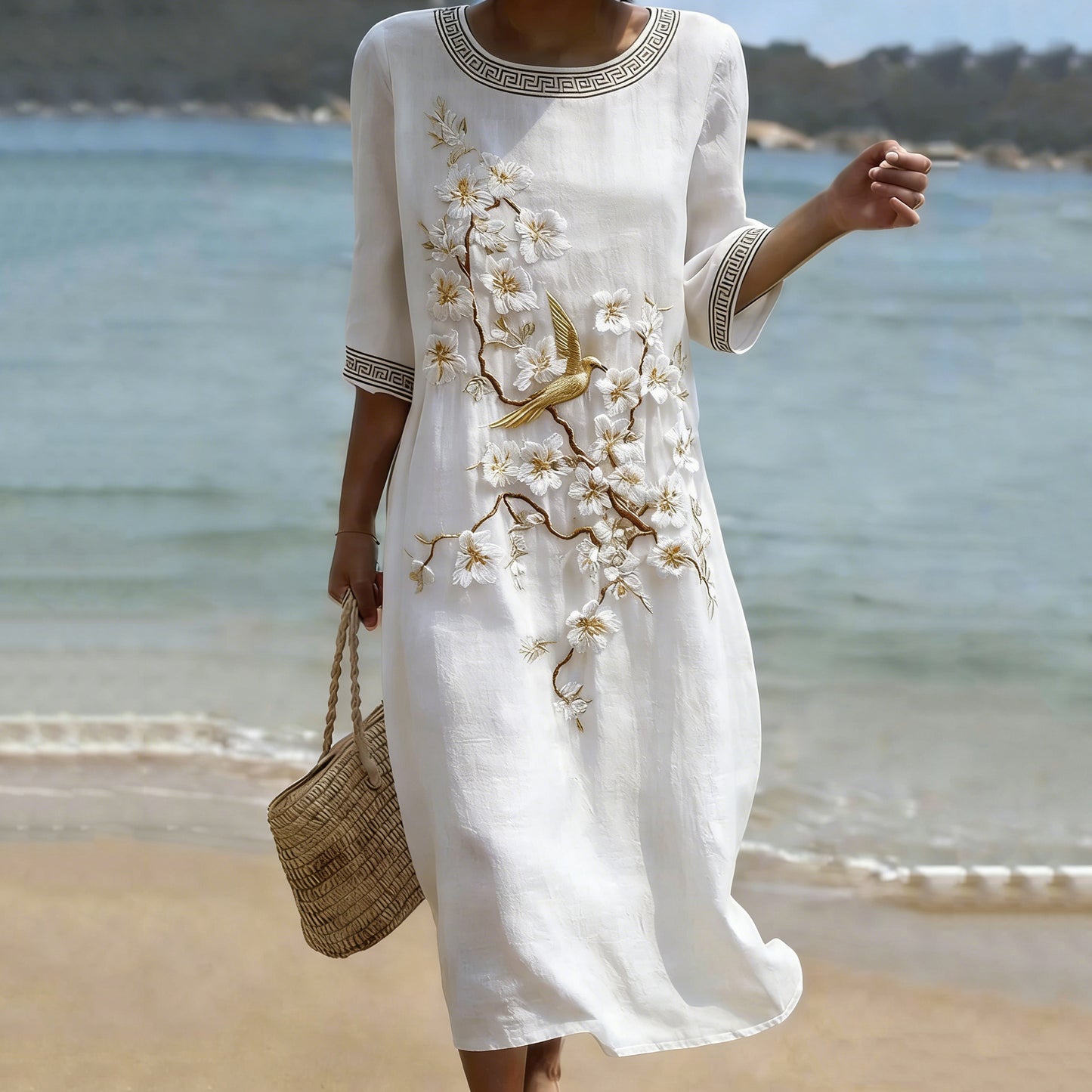 Women's Japanese Sakura & Floral-bird Art Linen-blend Dress