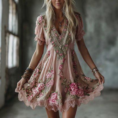 Women's Pink Floral Embroidery Art V Neck Short Sleeve Midi Dress