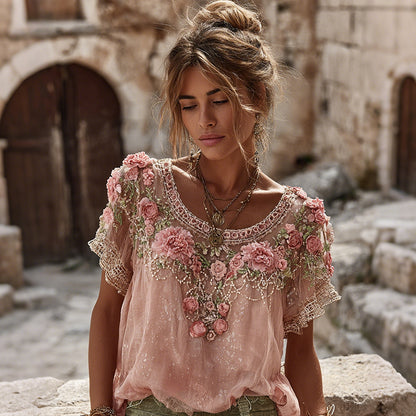 Women's Vintage Floral Embroidered Art Flowy Linen Blend Short Sleeve Casual Tops