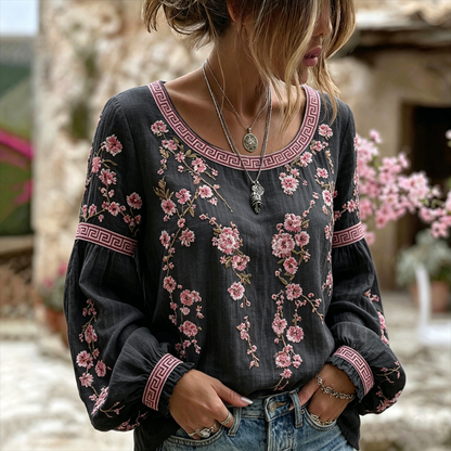 Women's Japanese Flower Art Crew Neck Linen Blend T-shirt