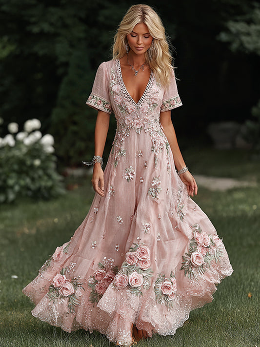 Women's Vacation Rose With Floral Print Short Sleeve Dress