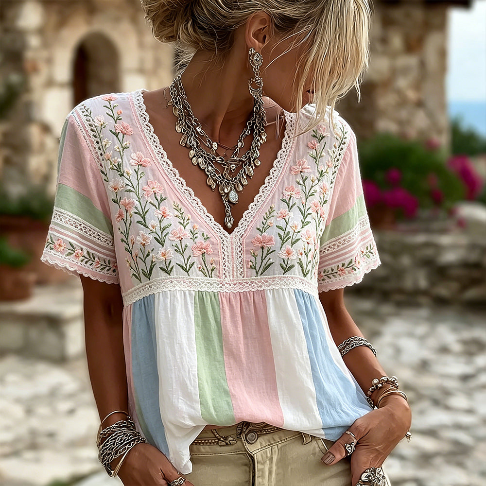 Women's Retro Floral Art Embroidered Color-block Spliced Comfortable Cotton Linen V-neck Short Sleeve Top