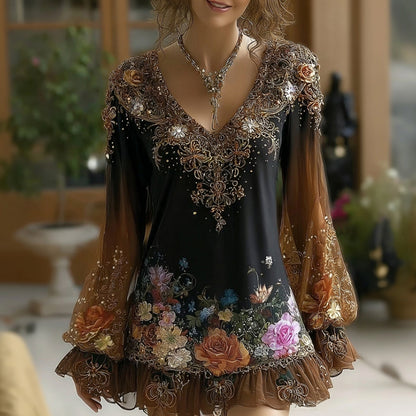 Women's Bohemian-style Floral Embroidered V-neck T-shirt