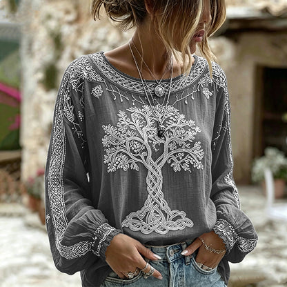 Women's Retro Viking Tree Of Life Pattern Casual Linen Blend T-shirt