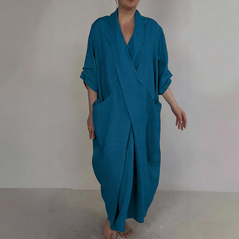 Retro Monk's Robe-style V-neck Cotton Linen Dress