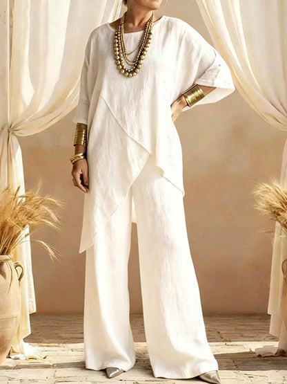 Women's Comfy Linen Blend Flowy Double Layer Design Top And Pants Two-piece Set
