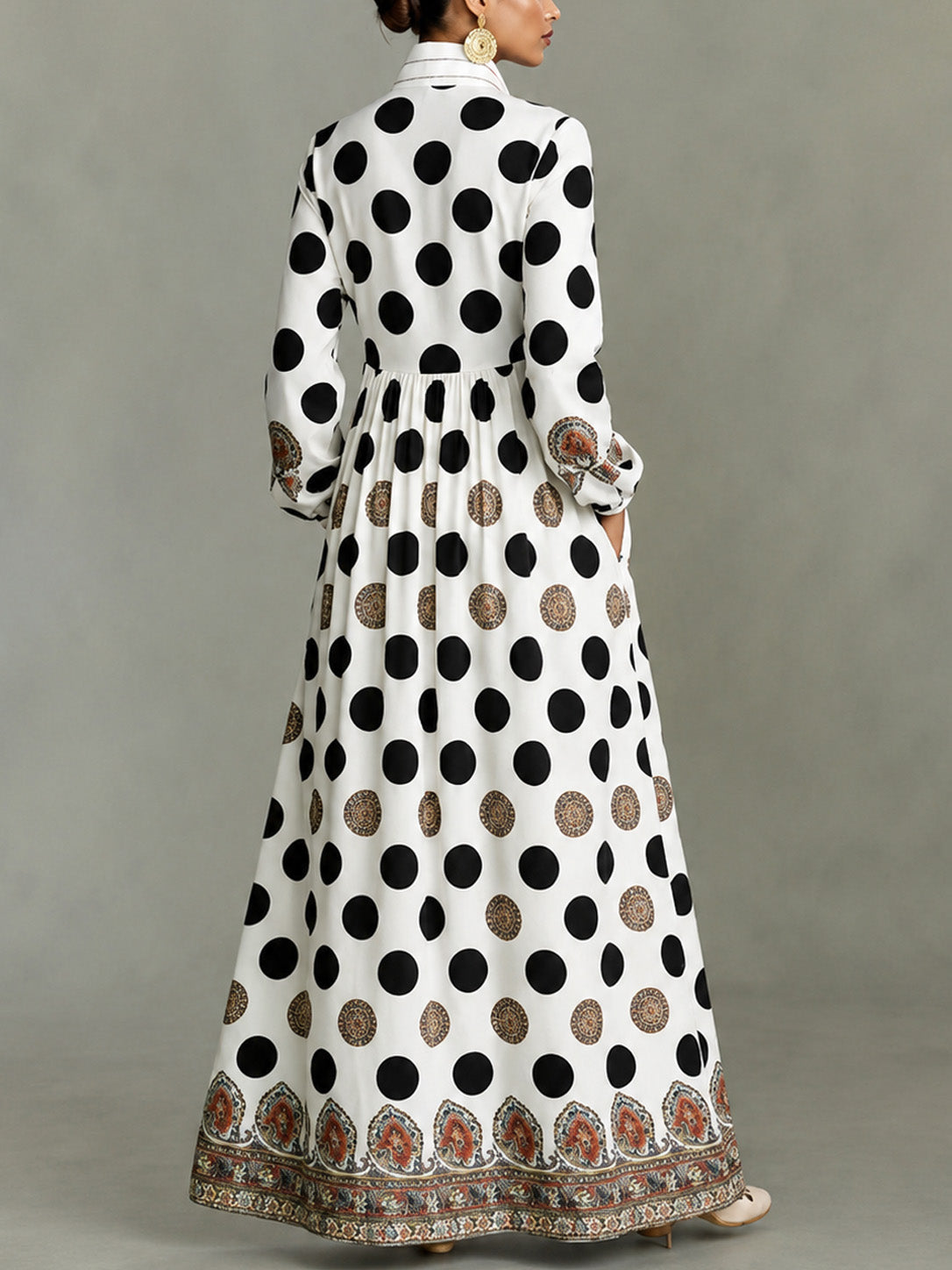 📦📦Classic Totem & Polka Dot Color-block Dress With Lapel, Cinched Waist, And Flared Skirt