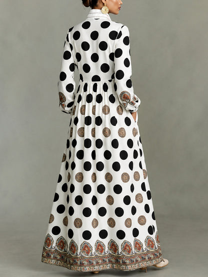 📦📦Classic Totem & Polka Dot Color-block Dress With Lapel, Cinched Waist, And Flared Skirt