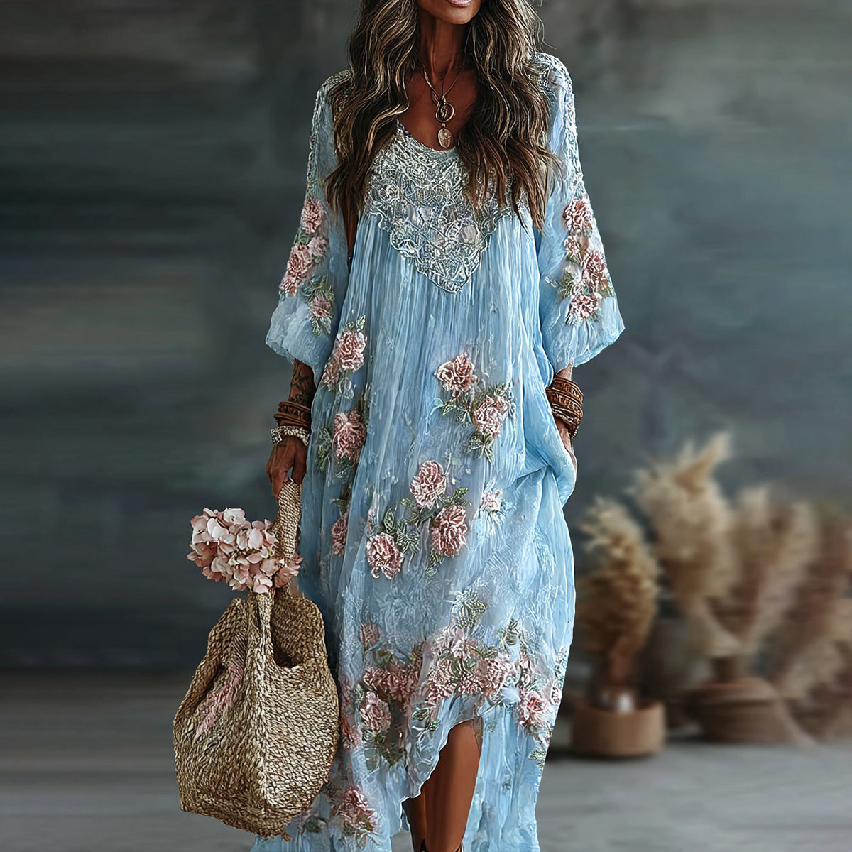 Women's Vintage Floral Art Flowy Linen Blend Casual Long Sleeve Maxi Dress