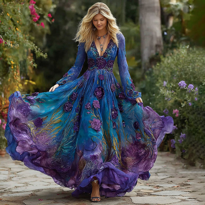 Women's Vintage Rose Floral Gradient Pattern V-neck Long-sleeved Dress